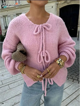 Load image into Gallery viewer, Fashion Casual Brown Lace Up Bow Knitted Cardigan O-neck Long Sleeve Hollow Out Sweater 2024 Autumn Female High Street Knitwear
