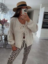 Load image into Gallery viewer, Fashion Casual Brown Lace Up Bow Knitted Cardigan O-neck Long Sleeve Hollow Out Sweater 2024 Autumn Female High Street Knitwear
