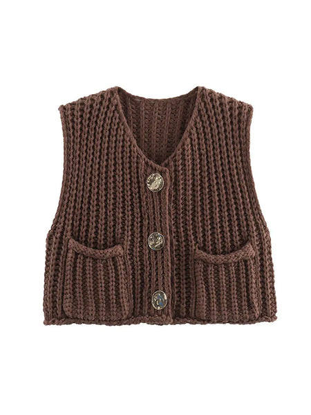 Fashion Green Round Neck Knitted Vest For Women Chic Sleeveless Button Pocket Cardigan 2024 Autumn Female Commuting Streetwear