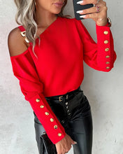 Load image into Gallery viewer, Fashion Lantern Sleeve Button Splicing Shirt Women Elegant Office Commuter O Neck Blouse Female Autumn Spring Daily Casual Tops
