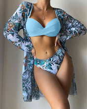 Load image into Gallery viewer, Floral Print Bikini Set Women Low Waist Twist Swimsuit Long Sleeve Cover Up Three Pieces 2024 Summer Beach Bathing Suit Swimwear
