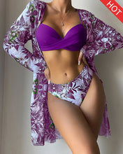 Load image into Gallery viewer, Floral Print Bikini Set Women Low Waist Twist Swimsuit Long Sleeve Cover Up Three Pieces 2024 Summer Beach Bathing Suit Swimwear
