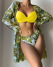 Load image into Gallery viewer, Floral Print Bikini Set Women Low Waist Twist Swimsuit Long Sleeve Cover Up Three Pieces 2024 Summer Beach Bathing Suit Swimwear
