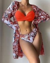 Load image into Gallery viewer, Floral Print Bikini Set Women Low Waist Twist Swimsuit Long Sleeve Cover Up Three Pieces 2024 Summer Beach Bathing Suit Swimwear
