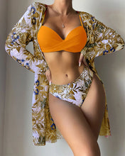 Load image into Gallery viewer, Floral Print Bikini Set Women Low Waist Twist Swimsuit Long Sleeve Cover Up Three Pieces 2024 Summer Beach Bathing Suit Swimwear
