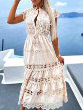 Load image into Gallery viewer, Hollow Out White Dress Women Summer Short Sleeve Lace Up Dress Ladies Elegant Fashion Lace Splicing Boho Holiday Long Dresses
