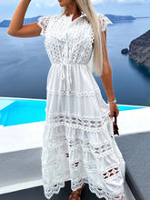 Load image into Gallery viewer, Hollow Out White Dress Women Summer Short Sleeve Lace Up Dress Ladies Elegant Fashion Lace Splicing Boho Holiday Long Dresses
