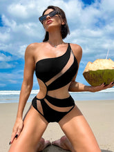 Load image into Gallery viewer, In-X Sexy One Shoulder One Piece Swimsuit Mesh Patchwork Swimwear Women 2023 New Cutout Bathing Suit Black Bodysuit Beach Wear
