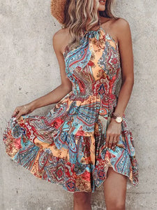 Irregular Printed Vest Backless Dress Women Summer Sexy Sleeveless Mini Dresses Party Clothes