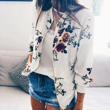 Load image into Gallery viewer, Jocoo Jolee Women Elegant Zipper Bomber Jacket Spring Autumn Floral Printed Jackets Office Wear Slim Office Coat Retro Outwear
