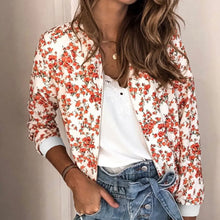 Load image into Gallery viewer, Jocoo Jolee Women Elegant Zipper Bomber Jacket Spring Autumn Floral Printed Jackets Office Wear Slim Office Coat Retro Outwear
