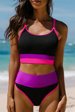 Load image into Gallery viewer, LW Sporty Patchwork High Waisted Black Bikini Set Color Lump Boho Skinny U Neck Two Piece Hip Minimizer Moderate Swimsuits
