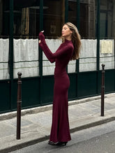 Load image into Gallery viewer, Lady Elegant Burgundy Mock Turtleneck Solid Maxi Dresses Fashion Long Sleeve Slim Hem Party Midi Robe Autumn Evening Dress Women
