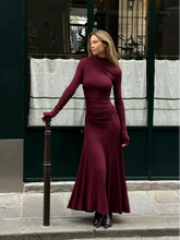 Load image into Gallery viewer, Lady Elegant Burgundy Mock Turtleneck Solid Maxi Dresses Fashion Long Sleeve Slim Hem Party Midi Robe Autumn Evening Dress Women
