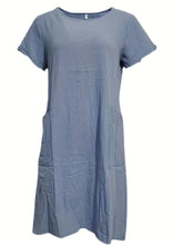 Load image into Gallery viewer, Loose Pure Color Pocket Short Sleeve Round Neck Cotton Linen Dress
