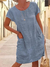 Load image into Gallery viewer, Loose Pure Color Pocket Short Sleeve Round Neck Cotton Linen Dress
