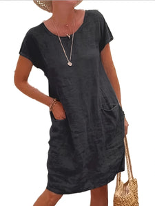 Loose Pure Color Pocket Short Sleeve Round Neck Cotton Linen Dress