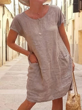 Load image into Gallery viewer, Loose Pure Color Pocket Short Sleeve Round Neck Cotton Linen Dress
