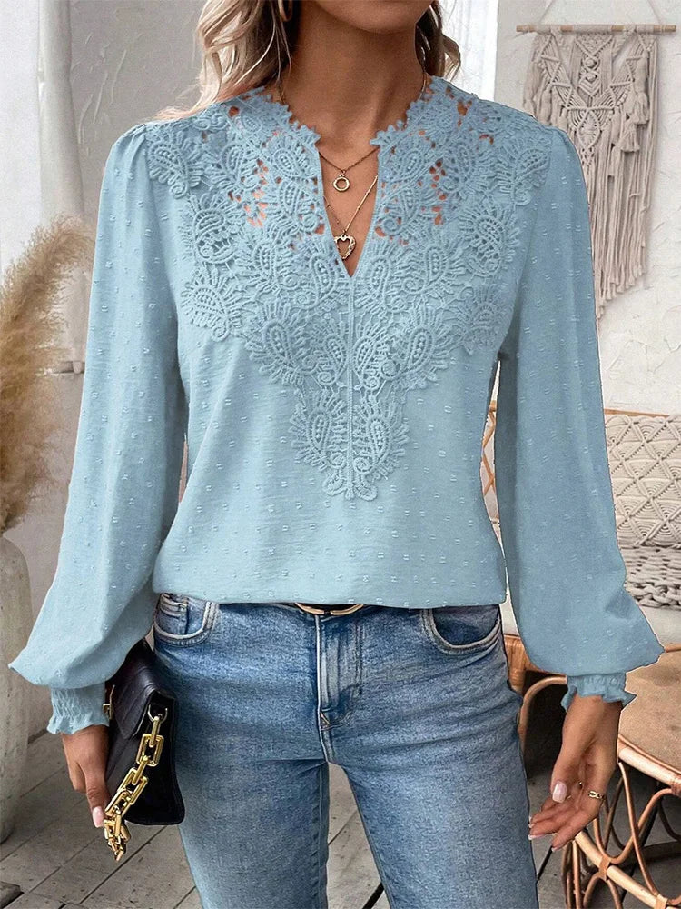 Luxury Lace Hollowed V-Neck Shirt Women Solid Color Long Sleeve Top Office Lady Elegant Daily Blouse