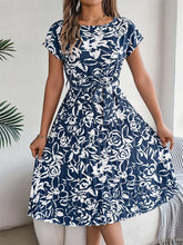 Load image into Gallery viewer, Msfilia Summer Print Pleated A Line Long Dress Women Short Sleeve High Waist Spring Round Neck Chic Dress with Belt
