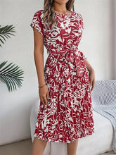 Load image into Gallery viewer, Msfilia Summer Print Pleated A Line Long Dress Women Short Sleeve High Waist Spring Round Neck Chic Dress with Belt
