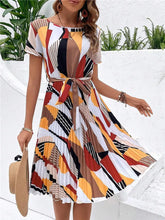 Load image into Gallery viewer, Msfilia Summer Print Pleated A Line Long Dress Women Short Sleeve High Waist Spring Round Neck Chic Dress with Belt
