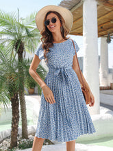 Load image into Gallery viewer, Msfilia Summer Print Pleated A Line Long Dress Women Short Sleeve High Waist Spring Round Neck Chic Dress with Belt
