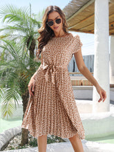 Load image into Gallery viewer, Msfilia Summer Print Pleated A Line Long Dress Women Short Sleeve High Waist Spring Round Neck Chic Dress with Belt
