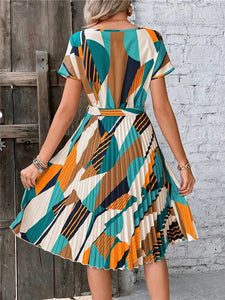 Msfilia Summer Print Pleated A Line Long Dress Women Short Sleeve High Waist Spring Round Neck Chic Dress with Belt