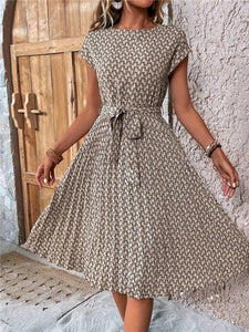 Msfilia Summer Print Pleated A Line Long Dress Women Short Sleeve High Waist Spring Round Neck Chic Dress with Belt