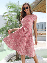 Load image into Gallery viewer, Msfilia Summer Print Pleated A Line Long Dress Women Short Sleeve High Waist Spring Round Neck Chic Dress with Belt
