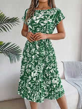 Load image into Gallery viewer, Msfilia Summer Print Pleated A Line Long Dress Women Short Sleeve High Waist Spring Round Neck Chic Dress with Belt
