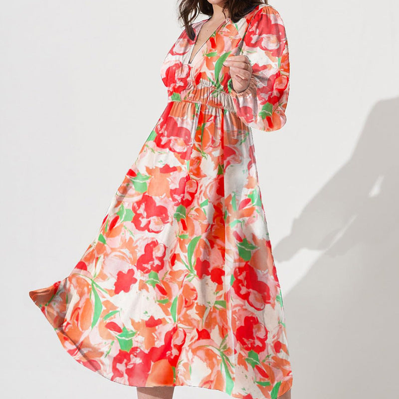 Bohemian Style New Spring and Autumn Deep V Print High Waisted Casual Long Sleeved Mid Length Dress
