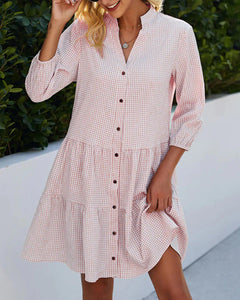 Women's Spring 5/4 Sleeve Women's Checkered Standing Collar Shirt Dress