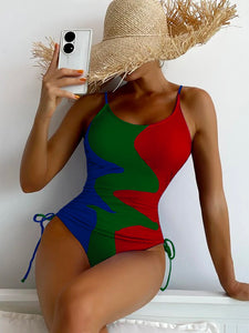 One-piece swimsuit, multi-color panels, drawstring ripple women's swimsuit