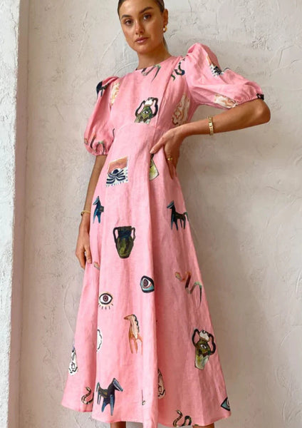 New Printing Fashion Bubble Sleeve Versatile Slim Swing Dress