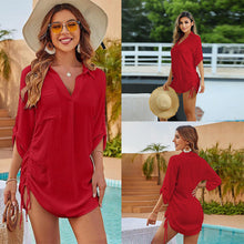 Load image into Gallery viewer, Drawstring Shirt Collar Beach Jacket Head Bikini Swimsuit Blouse Vacation Sunscreen Shirt
