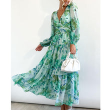 Load image into Gallery viewer, Bohemian Style New Spring and Autumn Deep V Print High Waisted Casual Long Sleeved Mid Length Dress
