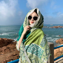 Load image into Gallery viewer, Fresh Green Ethnic Style Silk Scarf Women&#39;s Summer Sunscreen Dual-purpose Large Shawl Beach Towel Thin Cotton and Linen Scarf Yarn
