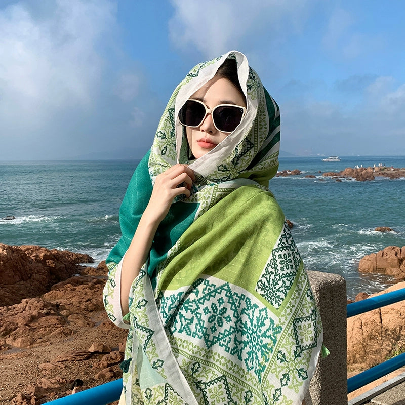Fresh Green Ethnic Style Silk Scarf Women's Summer Sunscreen Dual-purpose Large Shawl Beach Towel Thin Cotton and Linen Scarf Yarn