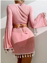 Load image into Gallery viewer, New Conservative Four Piece Set Solid Color Tassel Top, Mesh Short Skirt, Bikini for Women
