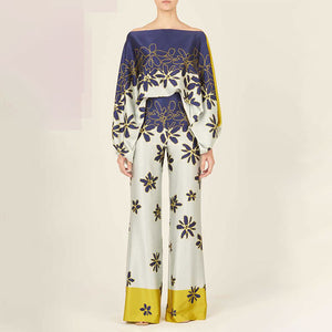 2025 Spring New Suit Printed Round Neck Loose Bat Sleeve Waist Wide Leg Pants Fashion Suit
