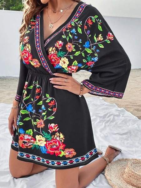 Bohemian Vintage Ethnic Style Heavy Industry Printing Temperament Slim Waist Short Holiday Dress