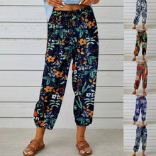 Load image into Gallery viewer, Cotton and Linen Women&#39;s Pants High-waisted Drawstring Cropped Pants Elasticated Waist Corset Retro Print Pants
