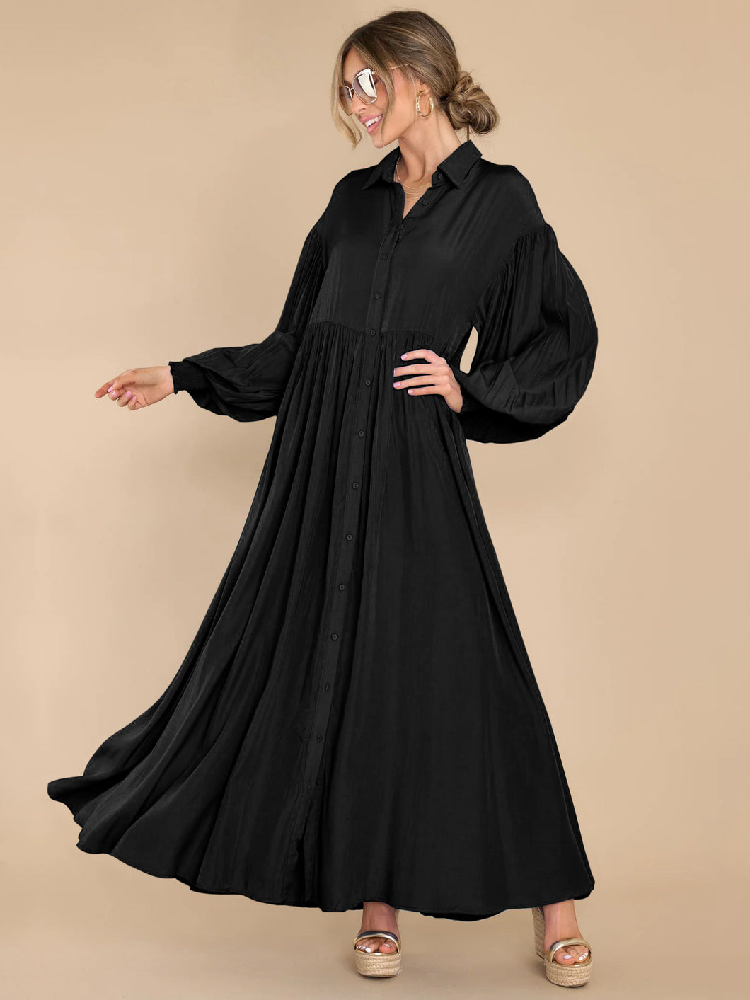 Autumn and Winter New Product Long Solid Color Dress Button Long Dress Loose Oversized Swing Skirt