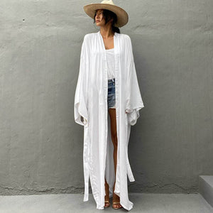 New Cotton Loose Long Cardigan Beach Sun Protection Jacket Beach Vacation Bikini Cover Up Swimsuit for Women's Outerwear