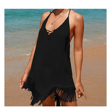 Load image into Gallery viewer, Seaside Vacation Pullover, Solid Color Suspender, Beach Sun Protection Suit, Backless Tassel Bikini Cover Up Dress
