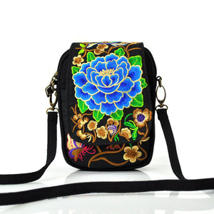 Ethnic Style Bag Small Bag Women's New Mini Diagonal Canvas Small SquareFlower Versatile Mobile Phone Coin Purse