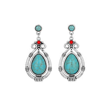 Load image into Gallery viewer, Tibetan Silver Art Retro Ethnic Style Turquoise Water Droplet Carved Earrings
