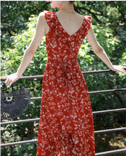 Load image into Gallery viewer, Bohemian New Goddess Style Retro Red Print Sleeveless Ruffle Dress

